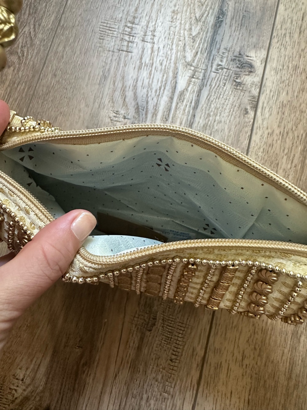 Handicraft Gold Beaded Potli Bag, Vintage Inspired Accents, Lotus Clutch, 11"x7" - Picture 8 of 15